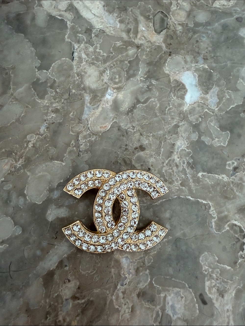 CHANEL Gold and Clear Crystal Interlocking CC Brooch